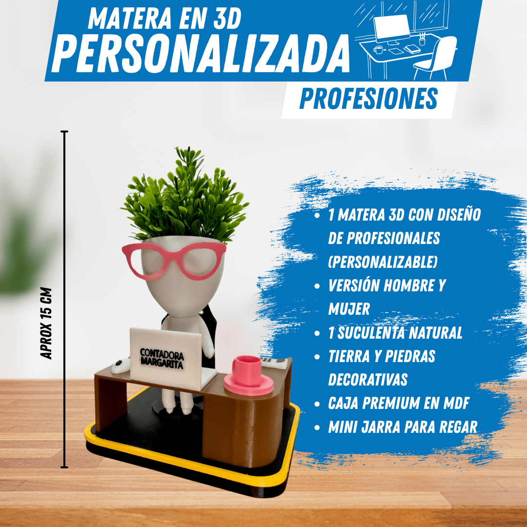 Matera 3D Oficinista & Ejecutivo – Tu Estilo, Tu Planta - GRATIS mini jarra para regar - Para Regalar - Paga al Recibir - Envío Gratis