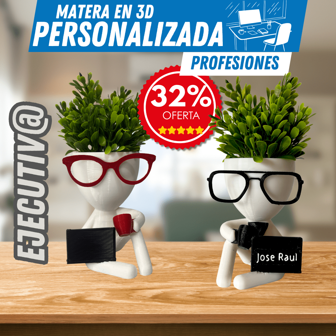 Matera 3D Oficinista & Ejecutivo – Tu Estilo, Tu Planta - GRATIS mini jarra para regar - Para Regalar - Paga al Recibir - Envío Gratis
