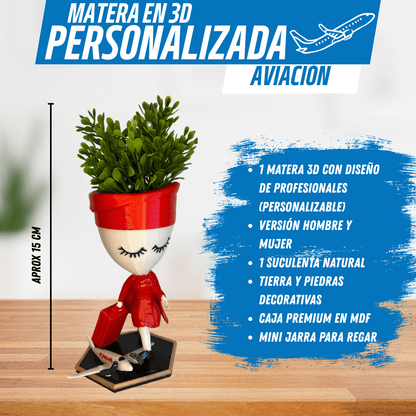 Matera Personalizable de Aviación – Tu Estilo, Tu Planta - GRATIS mini jarra para regar - Para Regalar - Paga al Recibir - Envío Gratis